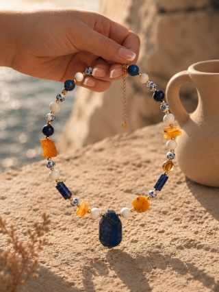 Naszyjnik SIROCCO BLU lapis lazuli, bursztyn i agat elegancka biżuteria dla kobiet