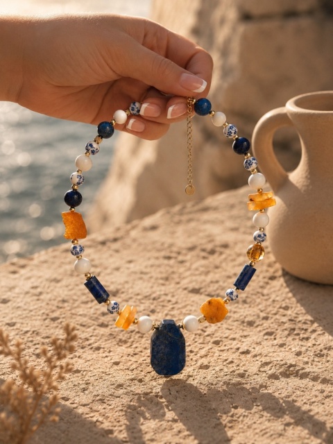 Naszyjnik SIROCCO BLU lapis lazuli, bursztyn i agat elegancka biżuteria dla kobiet