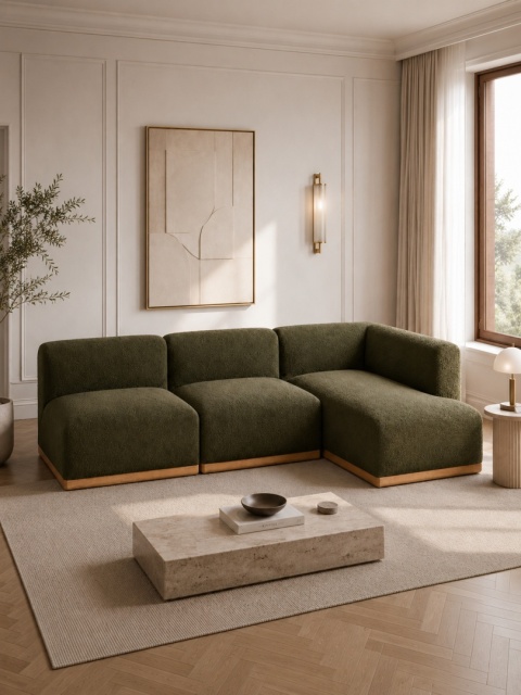 Sofa modułowa ALIKO elegancki narożnik bouncle oliwkowy do salonu