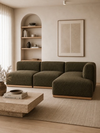 Sofa modułowa ALIKO elegancki narożnik bouncle oliwkowy do salonu