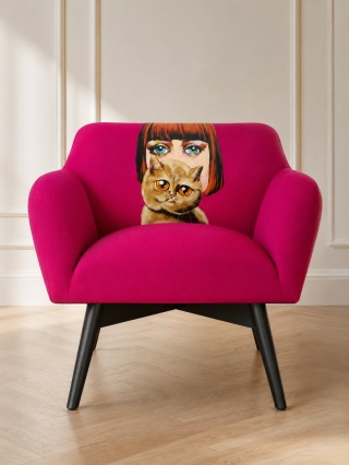 Fotel tapicerowany POP-ART dama z kotem designerski do salonu lub sypialni