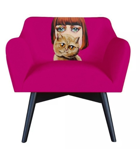 Fotel tapicerowany POP-ART dama z kotem designerski do salonu lub sypialni