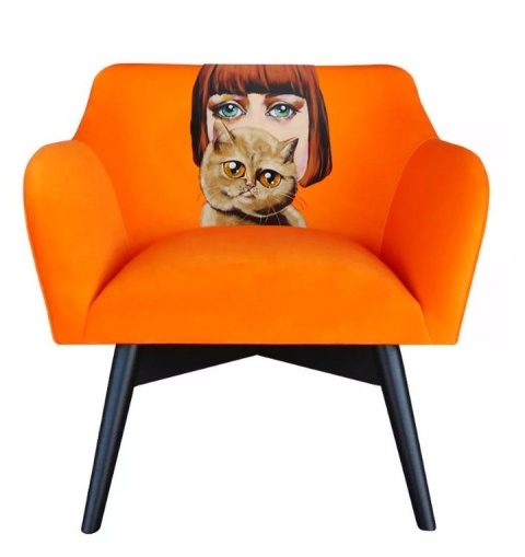 Fotel tapicerowany POP-ART dama z kotem designerski do salonu lub sypialni