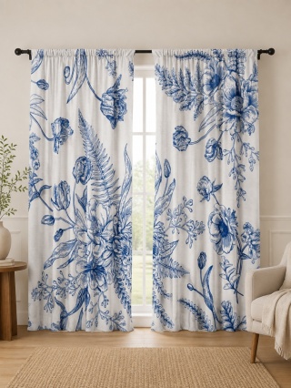 Komplet 2 szt zasłon zaciemniających BLUE FLOWER welurowe designerskie z grafiką