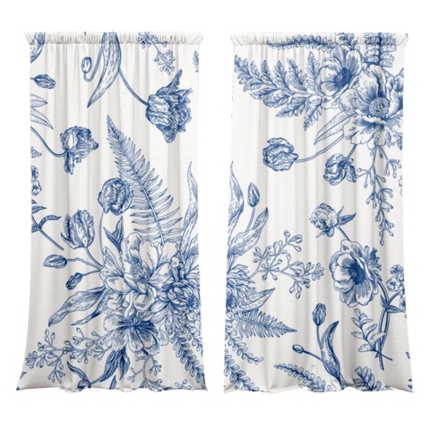 Komplet 2 szt zasłon zaciemniających BLUE FLOWER welurowe designerskie z grafiką