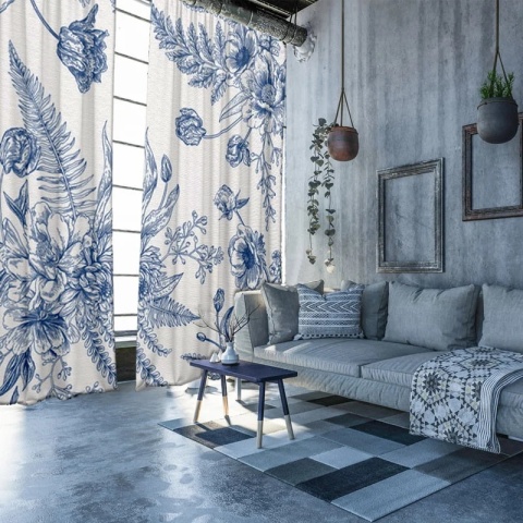 Komplet 2 szt zasłon zaciemniających BLUE FLOWER welurowe designerskie z grafiką