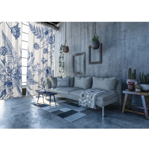 Komplet 2 szt zasłon zaciemniających BLUE FLOWER welurowe designerskie z grafiką