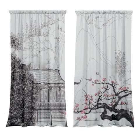 Komplet 2 szt zasłon zaciemniających JAPAN VIEW welurowe designerskie z grafiką