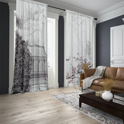 Komplet 2 szt zasłon zaciemniających JAPAN VIEW welurowe designerskie z grafiką