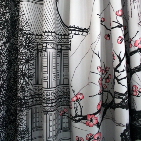 Komplet 2 szt zasłon zaciemniających JAPAN VIEW welurowe designerskie z grafiką