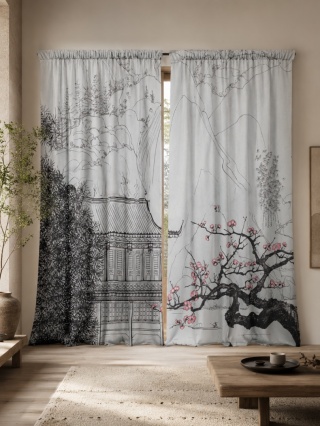 Komplet 2 szt zasłon zaciemniających JAPAN VIEW welurowe designerskie z grafiką