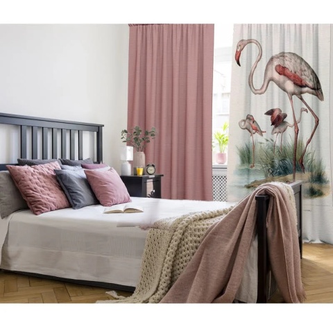 Komplet 2 szt zasłon zaciemniających FLAMINGOS welurowe designerskie z grafiką
