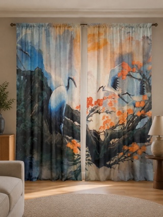 Komplet 2 szt zasłon zaciemniających ORIENT LANDSCAPE welurowe designerskie z grafiką
