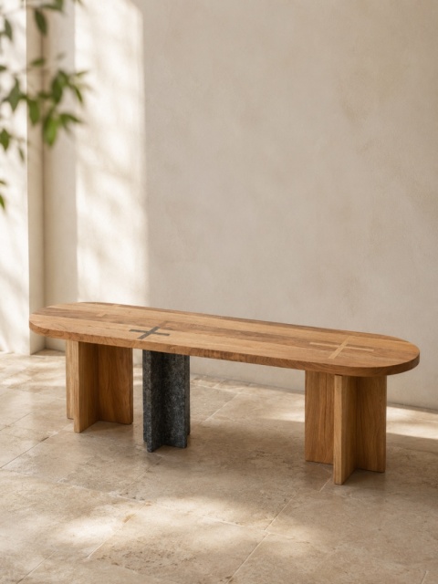 Ławka BENCH STONE 140 x 35 cm siedzisko dąb naturalny / granit do salonu lub jadalni