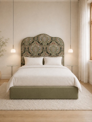 Łóżko tapicerowane z zagłówkiem PALAZZO designerskie ze wzorem khaki do sypialni