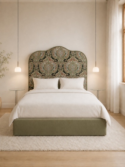 Łóżko tapicerowane z zagłówkiem PALAZZO designerskie ze wzorem khaki do sypialni