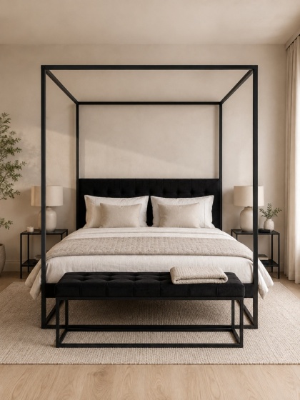 Łóżko z baldachimem TELA - 180 × 200 cm, antracytowe z czarnym obiciem