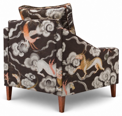 Fotel żakardowy CYGNUS z kolekcji 2027 elegancki na drewnianych nogach do salonu ze wzorem