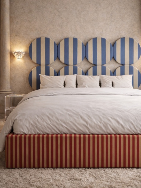 Łóżko tapicerowane DISSONANCE CIRCLE No.1 pomarańczowe niebieski zagłówek paski