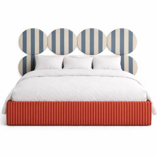 Łóżko tapicerowane DISSONANCE CIRCLE No.1 pomarańczowe niebieski zagłówek paski