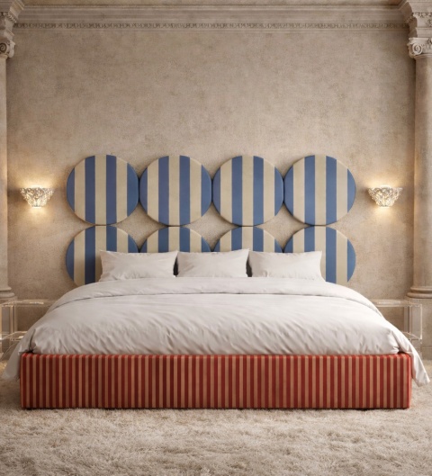 Łóżko tapicerowane DISSONANCE CIRCLE No.1 pomarańczowe niebieski zagłówek paski