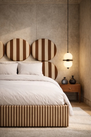 Lóżko tapicerowane DISSONANCE CIRCLE No.2 designerskie brązowe zagłówek paski