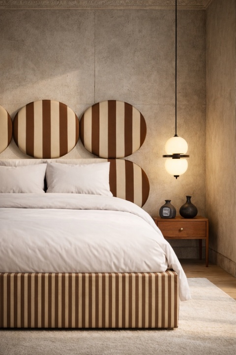 Lóżko tapicerowane DISSONANCE CIRCLE No.2 designerskie brązowe zagłówek paski