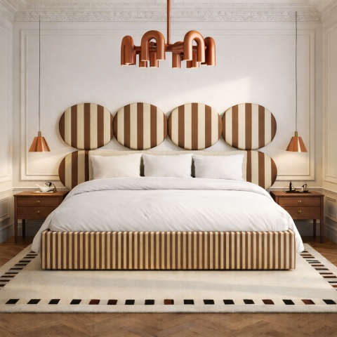 Lóżko tapicerowane DISSONANCE CIRCLE No.2 designerskie brązowe zagłówek paski