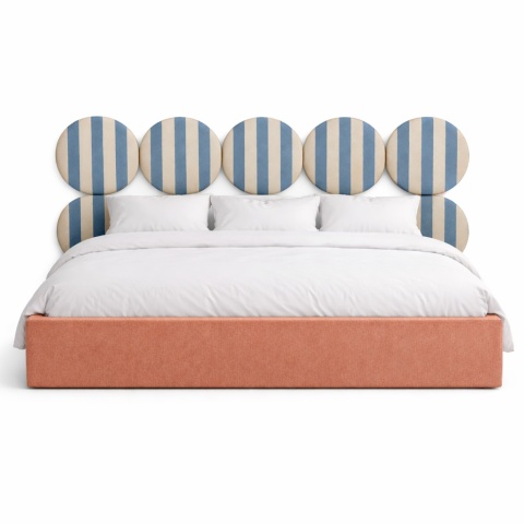 Łóżko tapicerowane DISSONANCE CIRCLE No.3 designerskie pomarańczowe zagłówek niebieskie paski