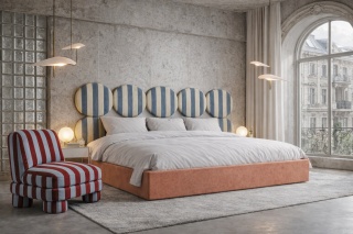 Łóżko tapicerowane DISSONANCE CIRCLE No.3 designerskie pomarańczowe zagłówek niebieskie paski