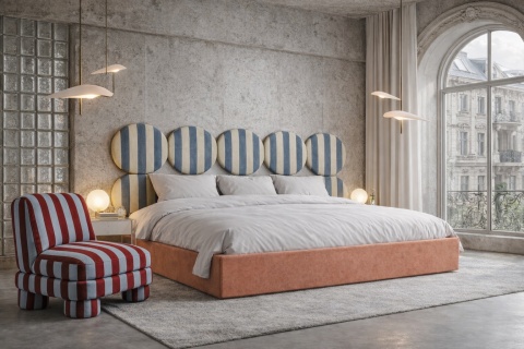 Łóżko tapicerowane DISSONANCE CIRCLE No.3 designerskie pomarańczowe zagłówek niebieskie paski