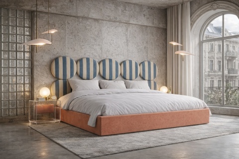 Łóżko tapicerowane DISSONANCE CIRCLE No.3 designerskie pomarańczowe zagłówek niebieskie paski
