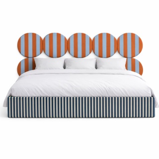 Łóżko tapicerowane DISSONANCE CIRCLE No.5 designerskie niebieskie zagłówek pomarańczowy