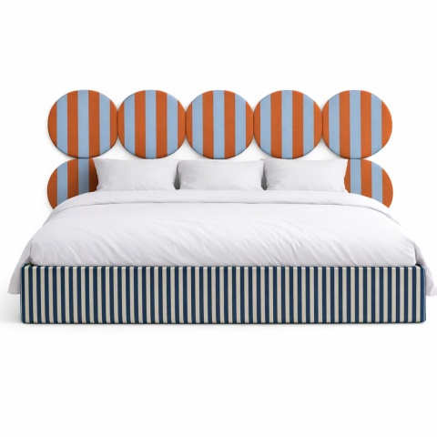 Łóżko tapicerowane DISSONANCE CIRCLE No.5 designerskie niebieskie zagłówek pomarańczowy