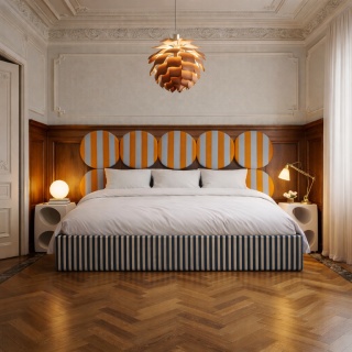 Łóżko tapicerowane DISSONANCE CIRCLE No.5 designerskie niebieskie zagłówek pomarańczowy