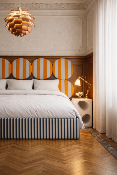 Łóżko tapicerowane DISSONANCE CIRCLE No.5 designerskie niebieskie zagłówek pomarańczowy