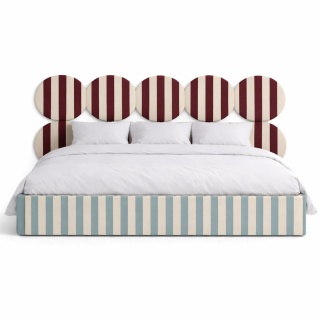 Łóżko tapicerowane DISSONANCE CIRCLE No.6 designerskie niebieskie zagłówek bordowy pasy