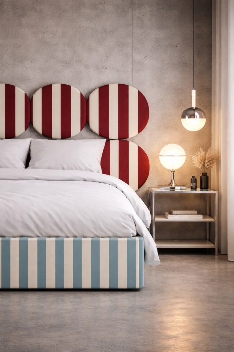 Łóżko tapicerowane DISSONANCE CIRCLE No.6 designerskie niebieskie zagłówek bordowy pasy