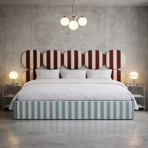 Łóżko tapicerowane DISSONANCE CIRCLE No.6 designerskie niebieskie zagłówek bordowy pasy