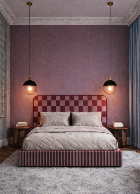 Łóżko tapicerowane DISSONANCE No.1 designerskie różowe z zagłówkiem