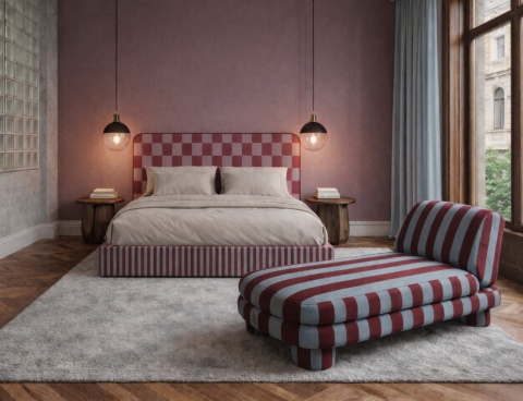 Łóżko tapicerowane DISSONANCE No.1 designerskie różowe z zagłówkiem