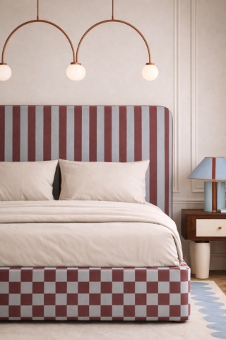 Łóżko tapicerowane DISSONANCE No.14 designerskie z zagłówkiem niebieskie bordowe