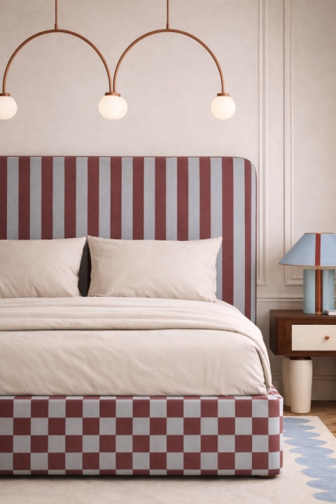 Łóżko tapicerowane DISSONANCE No.14 designerskie z zagłówkiem niebieskie bordowe