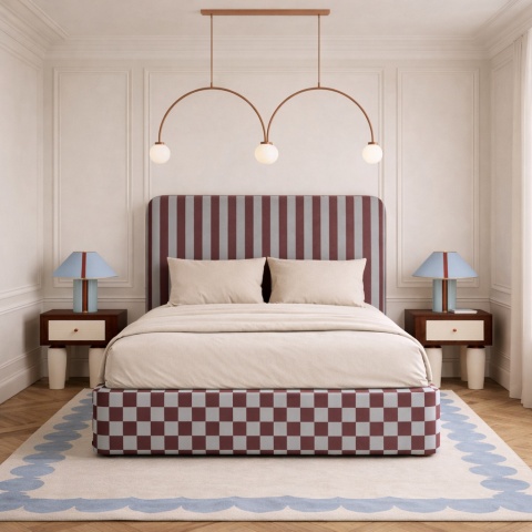 Łóżko tapicerowane DISSONANCE No.14 designerskie z zagłówkiem niebieskie bordowe