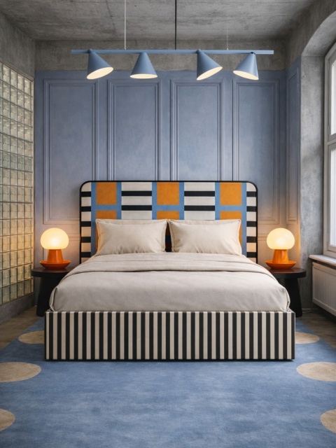 Łóżko tapicerowane DISSONANCE No.16 designerskie z zagłówkiem czarno beżowe