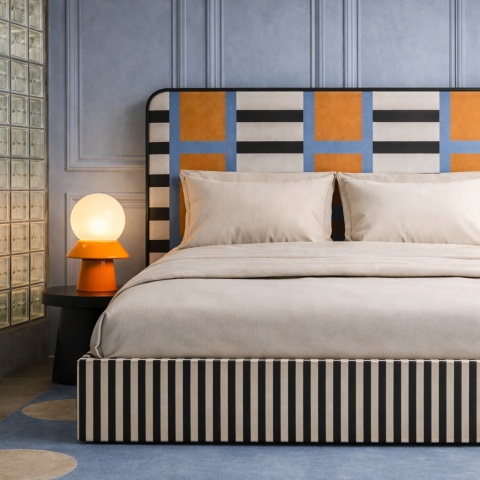 Łóżko tapicerowane DISSONANCE No.16 designerskie z zagłówkiem czarno beżowe