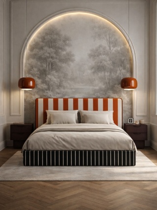 Łóżko tapicerowane DISSONANCE No.17 designerskie z zagłówkiem czarno pomarańczowe