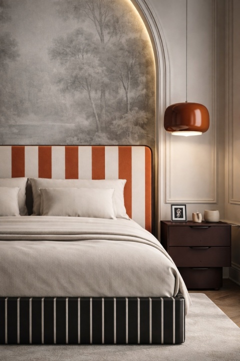 Łóżko tapicerowane DISSONANCE No.17 designerskie z zagłówkiem czarno pomarańczowe