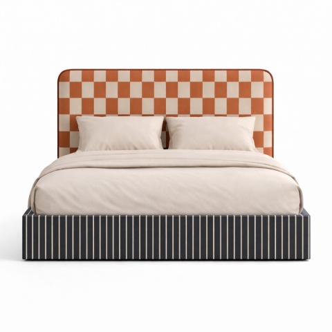 Łóżko tapicerowane DISSONANCE No.2 designerskie z zagłówkiem czarno pomarańczowe