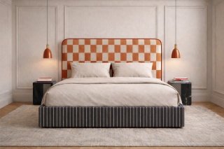 Łóżko tapicerowane DISSONANCE No.2 designerskie z zagłówkiem czarno pomarańczowe
